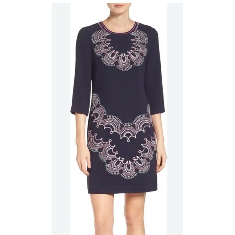 Eliza J Womens Blue Embroidered Sheath Dress 3/4 Sleeve CB57J Sz 10